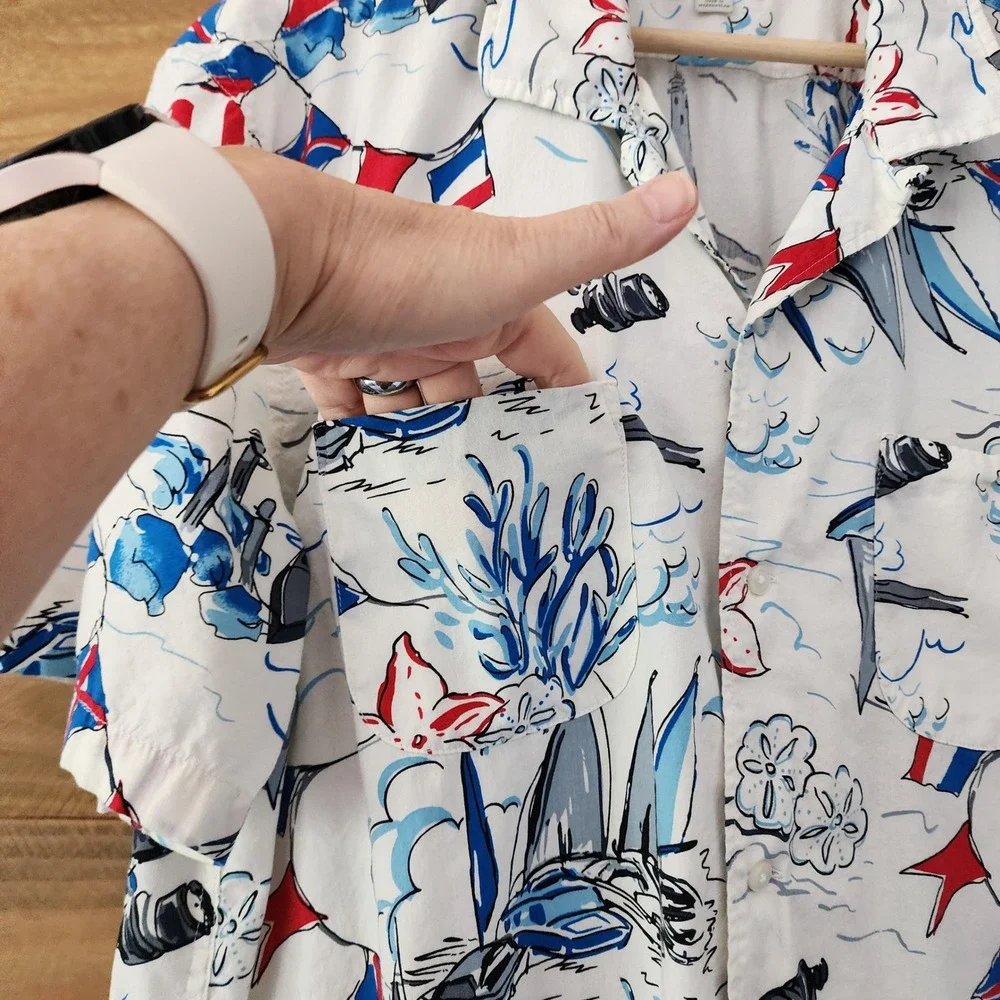 J. Crew‎ short sleeve button front Hawaiian shirt white blue mens size XL boats